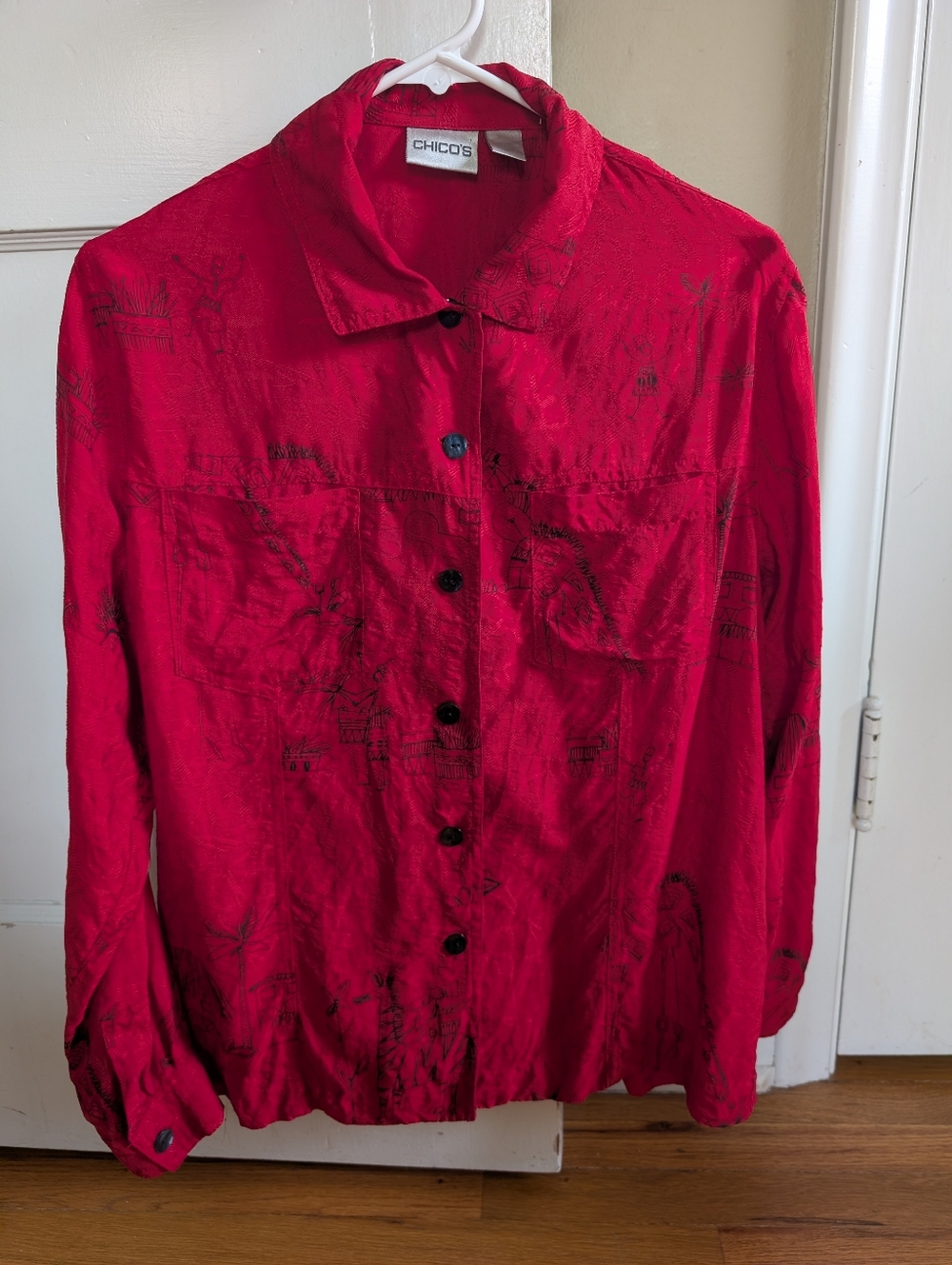 100% Silk Chico's Bright Red Long-Sleeve Button Shirt